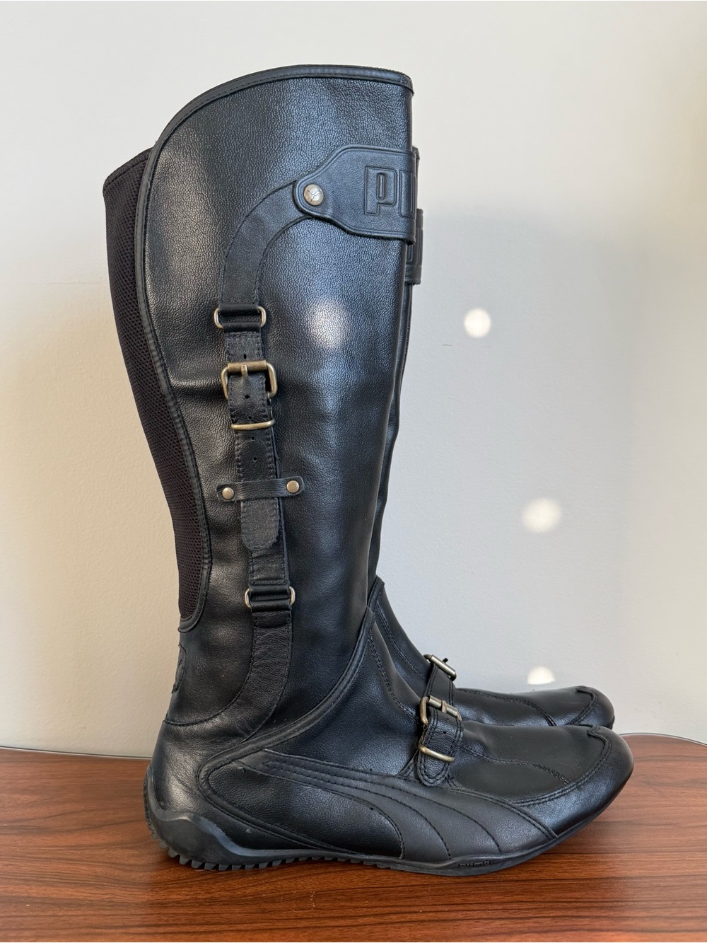 Vintage Y2K PUMA Black Leather Knee High Moto Racing Boots US 8